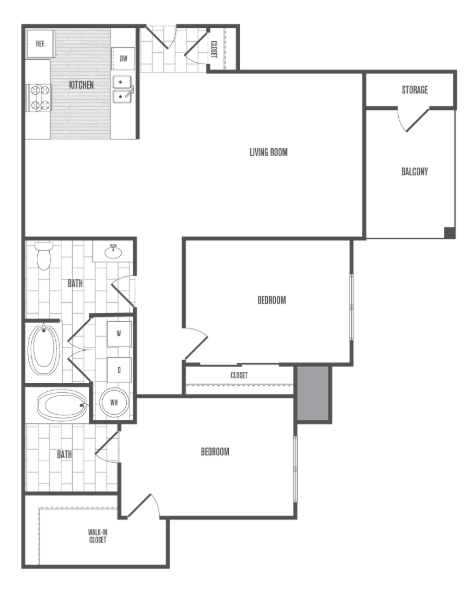 Floor plan for 2 beds, 2 baths, 925 sqft